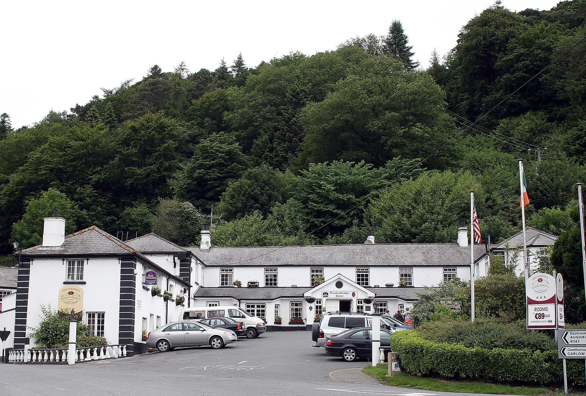 The Woodenbridge Hotel below wooded hills