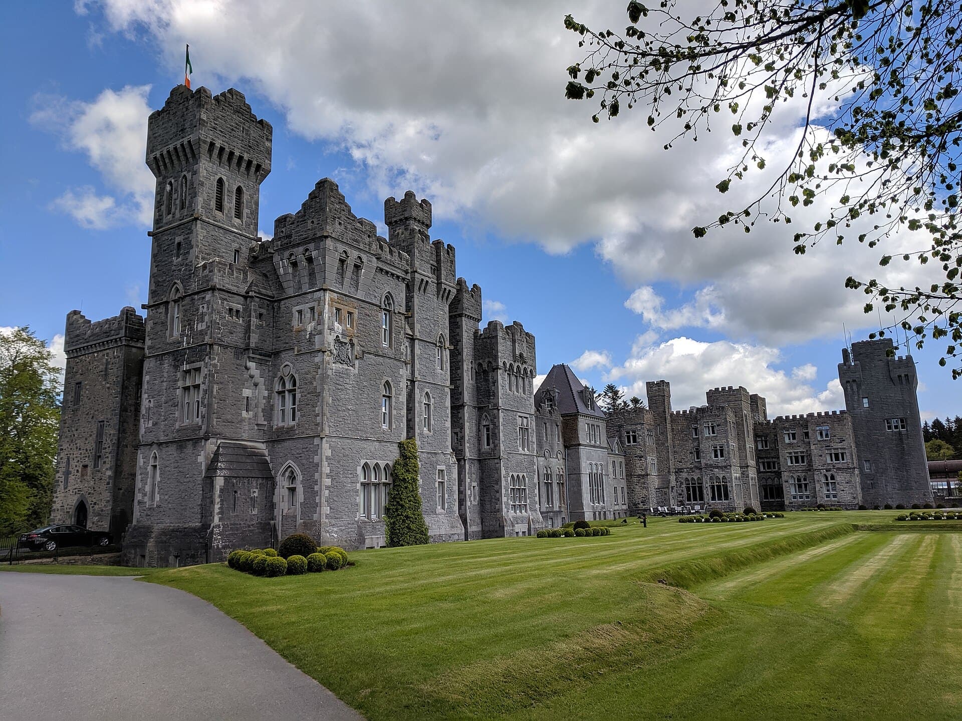 Ashford Castle seen from the northwest across the lawns
